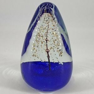 Hand Blown Blue art glass paperweight w/ tree shape in gold flakes
